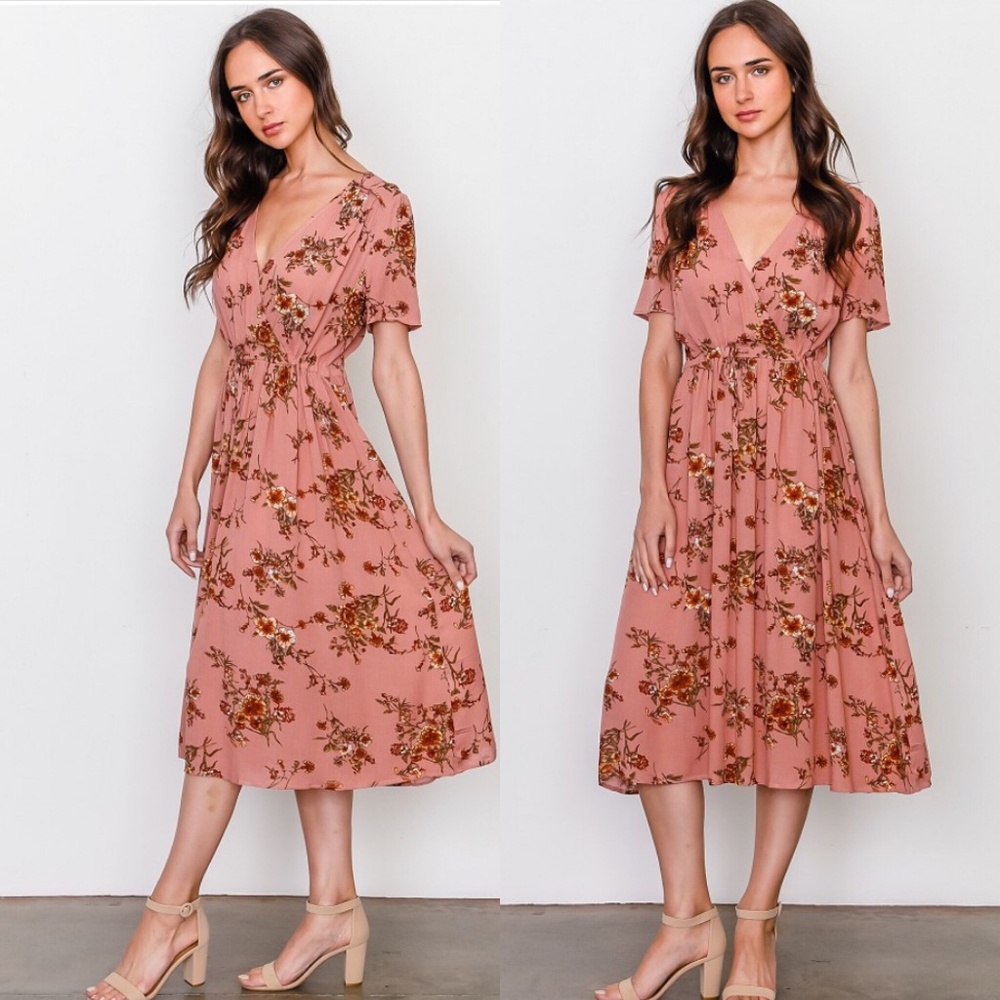 Peach & Floral Print Drawstring Peasant Dress